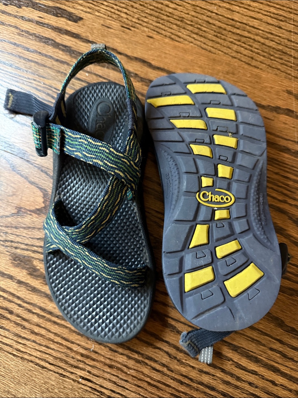 Chaco Kids' Black Footbed Sandals with Green & Yellow Webbing